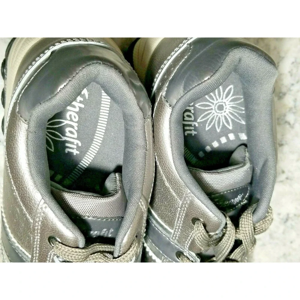 Therafit‎ Womens 7 Pewter Leather Walking Shoes C403121C Metallic Sneakers